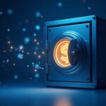 Photorealistic bank vault opens to reveal a glowing 1:1 dollar token, Ethereum holograms, and institutional traders in blue tones.