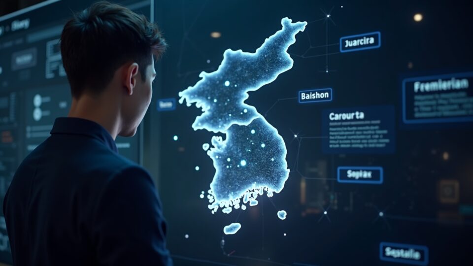 Photorealistic header of a fintech executive beside a glowing Korea map, with cross-border payment rails to GoFi and Gopax.