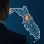 Photorealistic official before a digital dashboard showing Bitcoin and a Florida map, signaling a state Bitcoin reserve plan.
