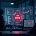 Paris fintech office with holographic dashboard showing 50,000 records, a red breach alert, and a hacker silhouette.