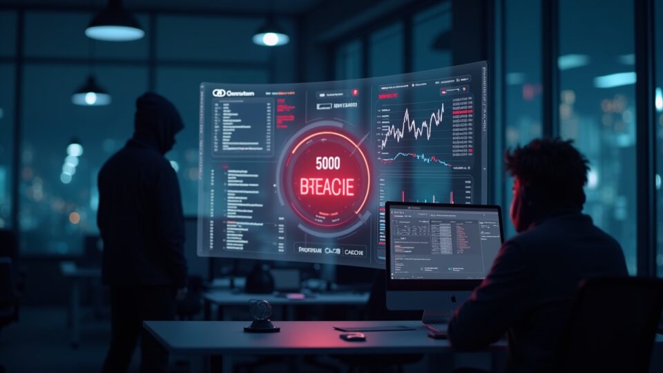 Paris fintech office with holographic dashboard showing 50,000 records, a red breach alert, and a hacker silhouette.