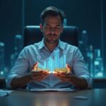 Manager studies a hologram balancing Bitcoin and Ethereum with rising bars, signaling bidirectional crypto strategy.