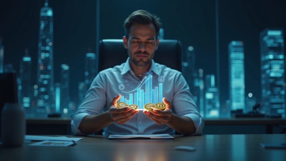 Manager studies a hologram balancing Bitcoin and Ethereum with rising bars, signaling bidirectional crypto strategy.