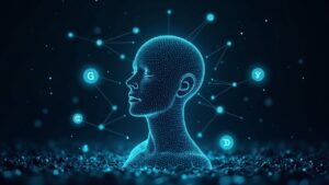 Central AI agent outlined in circuits amid a glowing blockchain mesh and GAS glyphs.