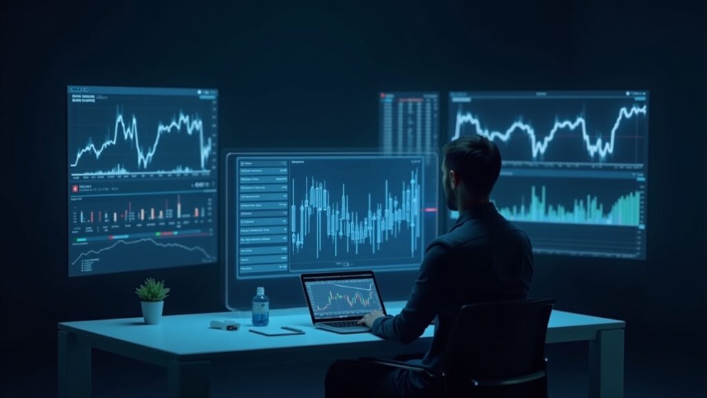 Photorealistic trader at a fintech desk with holographic screens showing XAUUSD, EURUSD, AUS200 and crypto graphs, MT5 UI.