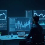 Photorealistic trader at a fintech desk with holographic screens showing XAUUSD, EURUSD, AUS200 and crypto graphs, MT5 UI.