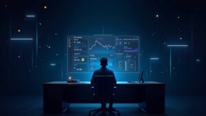 Analyst at a crypto trading desk viewing a transparent screen with verifiable sources and GateAI branding.