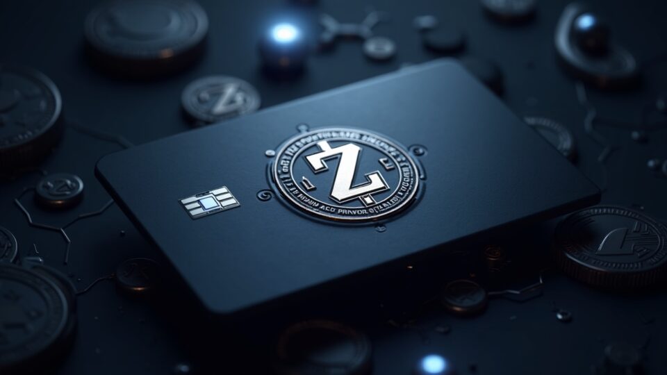 Sleek metal Gemini Zcash Edition credit card with glowing ZEC logo and privacy shield backdrop.