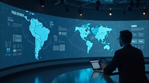 Poised executive in a modern newsroom as holographic Brazil map and tokenized receivables flow on blockchain, 13% yield.