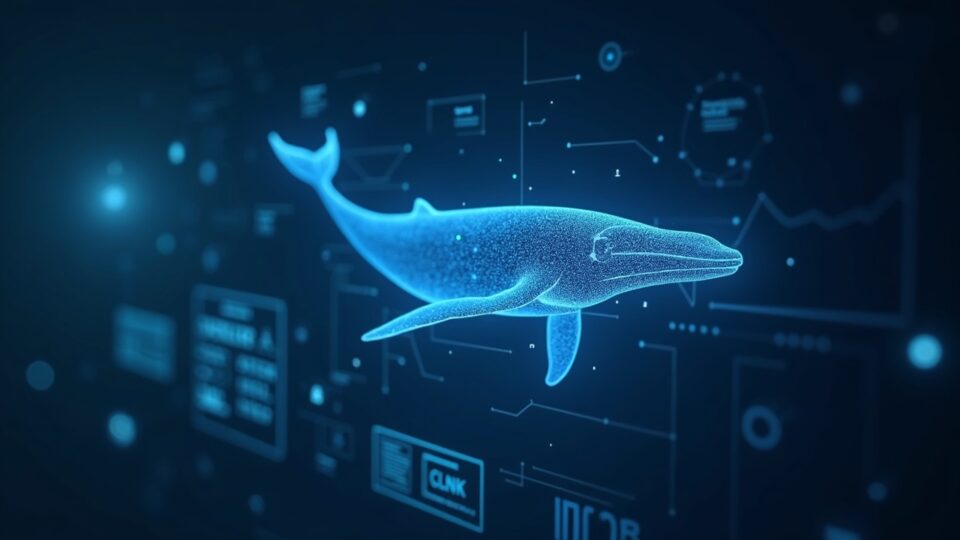 Analyst on stage with holographic GLNK and CLNK inflow charts, whale symbol, and regulatory branding, hinting at yields.