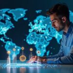 Analyst at desk with holographic crypto inflow bars and world map showing 2025 institutional flows