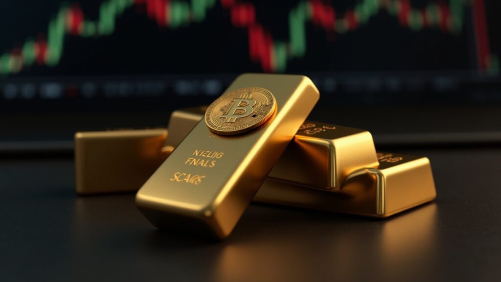 Photorealistic gold bars beside a Bitcoin symbol on a trading terminal, representing a regulated multi-asset ETF hedge.