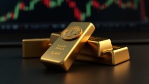 Photorealistic gold bars beside a Bitcoin symbol on a trading terminal, representing a regulated multi-asset ETF hedge.