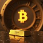 Gold bar in a vault foreground with a faded Bitcoin symbol and city skyline, signaling gold as a safe-haven over crypto.