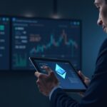 Photorealistic newsroom with analyst holding tablet displaying Ethereum logo and rising yield charts, US-listed ETF payouts.