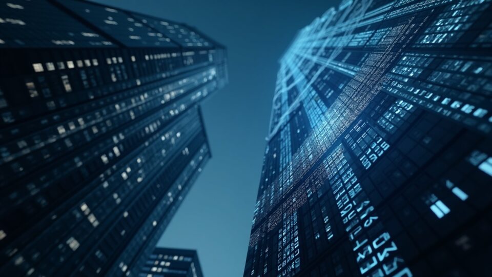 Photorealistic scene of Wall Street towers morphing into a glowing TAO token lattice with GTAO ticker.