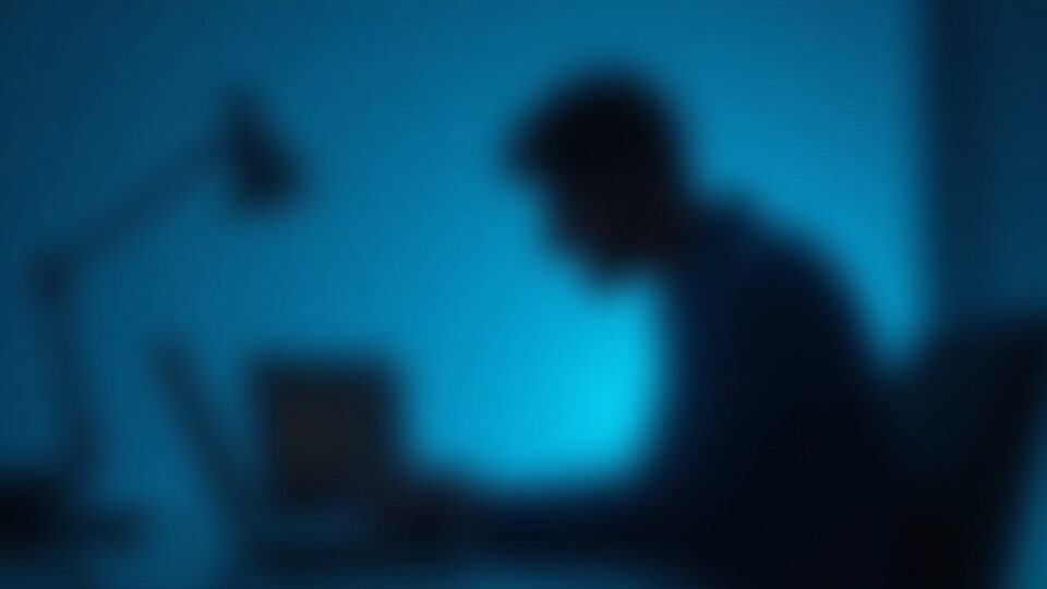 Photorealistic investor at a desk facing a hardware wallet, with a blurred caller silhouette under blue light.