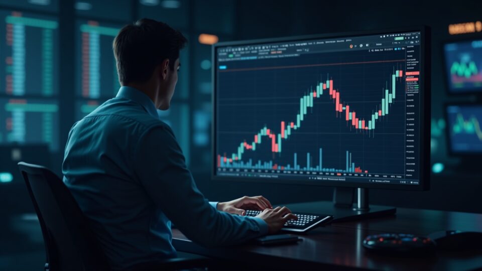 Photorealistic trader studies a falling crypto chart with Hedera and ETF symbols, signaling regulatory headwinds.