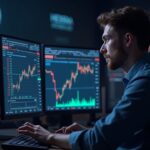 Photorealistic crypto trader studies glowing price charts near $0.102 with Hedera HBAR logo, signaling risk