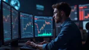 Photorealistic crypto trader studies glowing price charts near $0.102 with Hedera HBAR logo, signaling risk