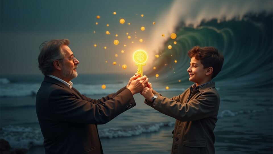 Senior investor passes a glowing crypto key to a younger heir as a wave of crypto tokens rises behind.