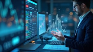 Center-focused trader in a sleek fintech hub with rising hip-3 holographic charts and tokenized assets.