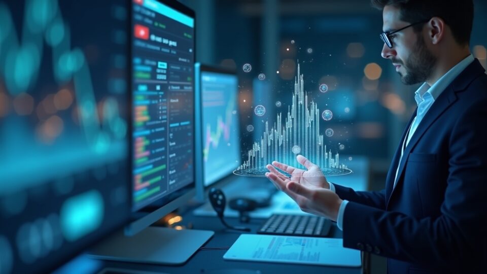 Center-focused trader in a sleek fintech hub with rising hip-3 holographic charts and tokenized assets.