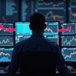 Professional trader watches BTC and ETH ETF dashboards with red outflow arrows in a newsroom.