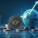 Photoreal ICP token with rising price chart, US regulatory icons, and a digital globe in a clean newsroom.