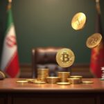 Photorealistic Iran Central Bank desk with Digital Rial emblem, hovering USDT tokens and currency trend.