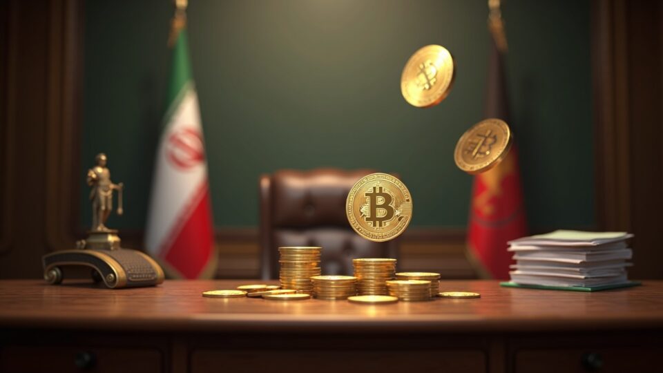 Photorealistic Iran Central Bank desk with Digital Rial emblem, hovering USDT tokens and currency trend.