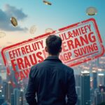 Photorealistic header: influencer against Hong Kong skyline with crypto coins, bank logos, and stamp signaling crackdown.