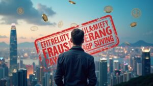 Photorealistic header: influencer against Hong Kong skyline with crypto coins, bank logos, and stamp signaling crackdown.