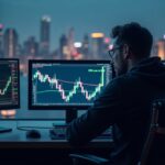 Photorealistic crypto trading desk with an analyst, BTC/ETH charts, and two-way ETF flow arrows against a city skyline.