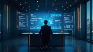 Photorealistic Nordic fintech office with a central executive at a desk and a screen showing BTC and USDC collateral.