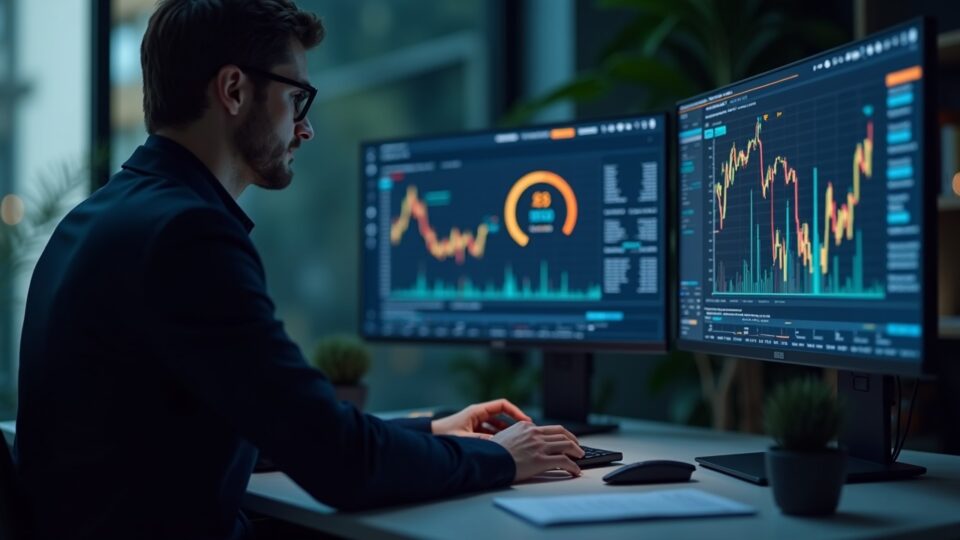 Photorealistic banker reviews crypto trading screens showing BTC and ETH with subtle MiCA branding.