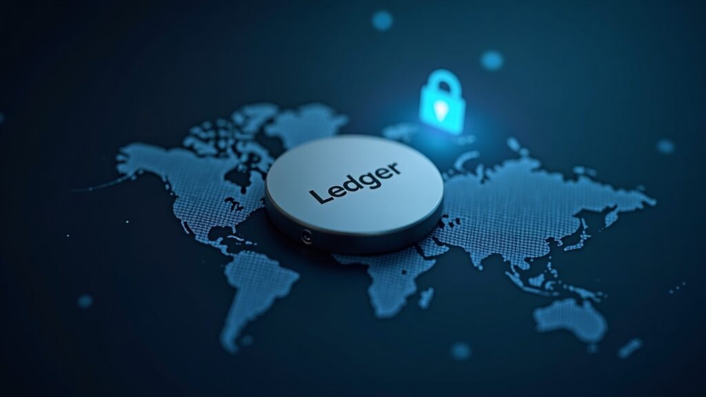 Photorealistic Ledger device centered with a faint Global-e cloud backdrop and phishing warning overlay.