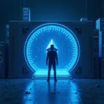 Photorealistic header of a digital vault with modular blocks, Ethereum glow, and a corporate figure.