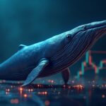 Photorealistic Litecoin whale over a fluctuating price chart with glowing blockchain lines on an institutional trading floor.