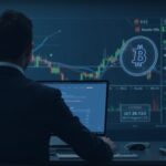 Realistic newsroom scene: financial professional at desk, MicroStrategy stock and Bitcoin icon signaling institutional crypto exposure.