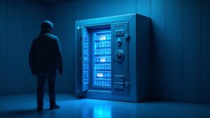 Photorealistic vault protecting a DUSD/USDC pool as a shadowy attacker and MEV bot extract profits under blue newsroom lighting.