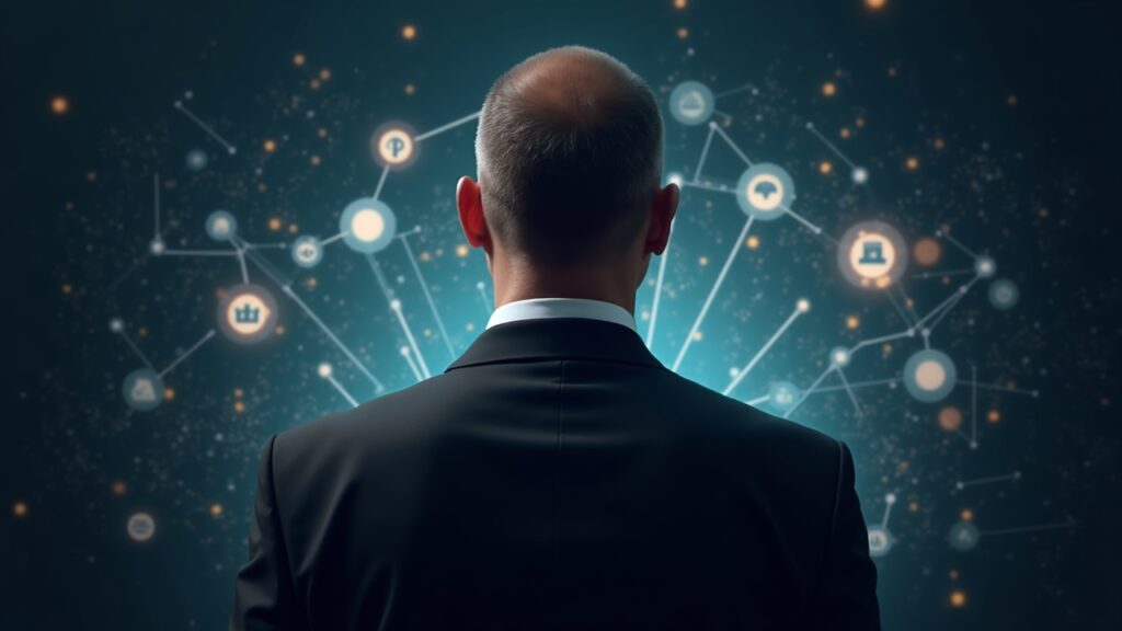 Photorealistic executive in suit overlooks glowing crypto rails connecting banks to tokenized assets.