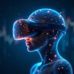 VR headset dissolving into glowing AI circuits with Meta logo fading, backdrop of data centers and charts.