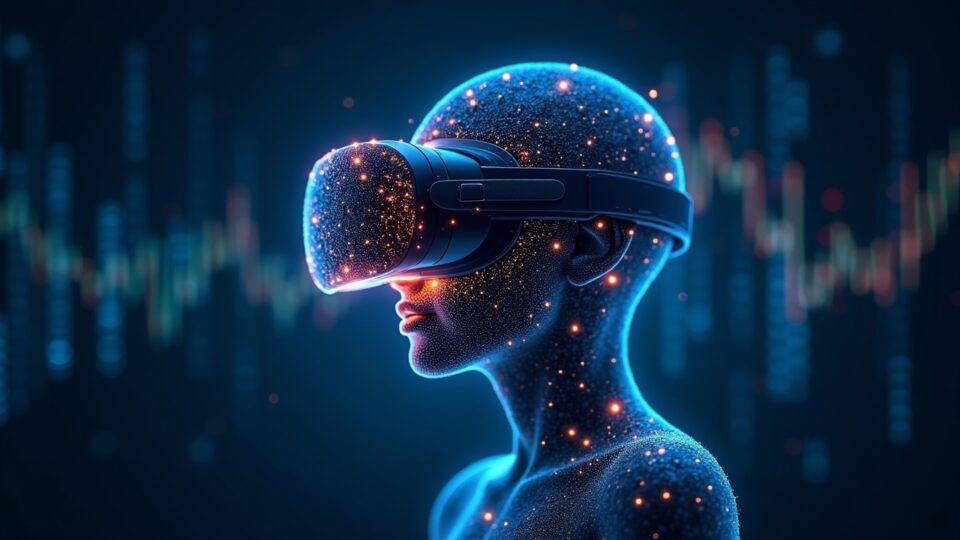 VR headset dissolving into glowing AI circuits with Meta logo fading, backdrop of data centers and charts.