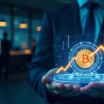 Executive in a modern finance office with a glowing Bitcoin vault hologram and a rising debt-reduction chart