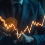 Photorealistic header: business executive with glowing Bitcoin chart and impairment note, treasury exposure to BTC volatility.