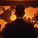 Executive before a glowing Bitcoin vault with orange data dots forming a BTC map, in a sleek newsroom backdrop.