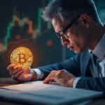 Photorealistic header: suited executive beside a Bitcoin symbol with a red-tinged stock chart over a balance sheet.