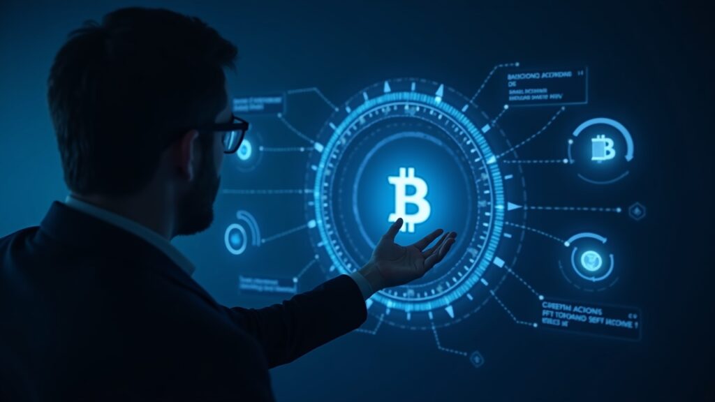 Corporate treasurer inspecting a holographic bitcoin vault chart showing BTC and cash icons under blue newsroom lighting.