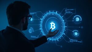 Corporate treasurer inspecting a holographic bitcoin vault chart showing BTC and cash icons under blue newsroom lighting.